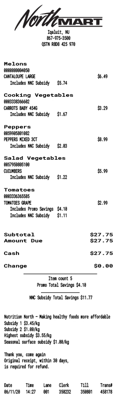 Nutrition North Canada Receipt