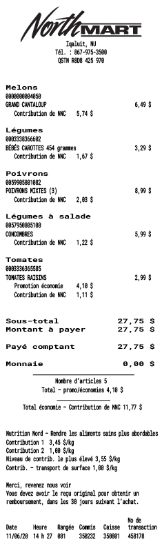 Reçu de Nutrition Nord Canada